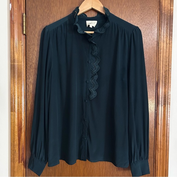 Sezane Tops - Sezane 100% Silk Green Blouse with Ruffles Women’s Size 44 / 12